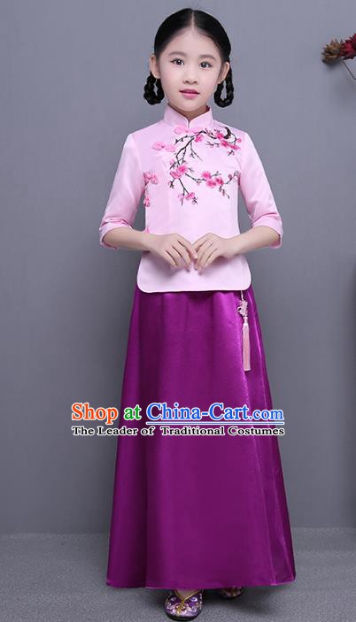 Traditional Republic of China Nobility Lady Costume Embroidered Cheongsam Pink Blouse and Purple Skirts for Kids
