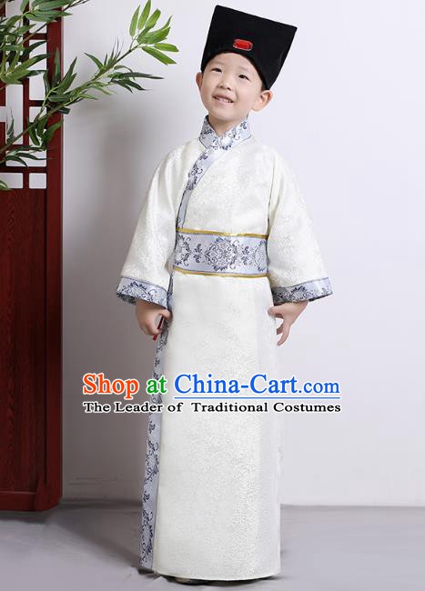 Traditional China Han Dynasty Minister White Costume, Chinese Ancient Chancellor Hanfu Clothing for Kids