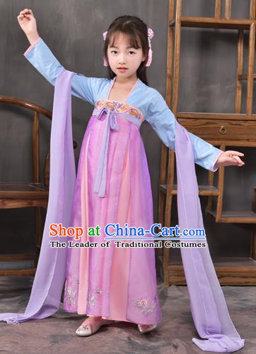 Traditional China Tang Dynasty Princess Pink Costume, Chinese Ancient Palace Lady Hanfu Clothing for Kids
