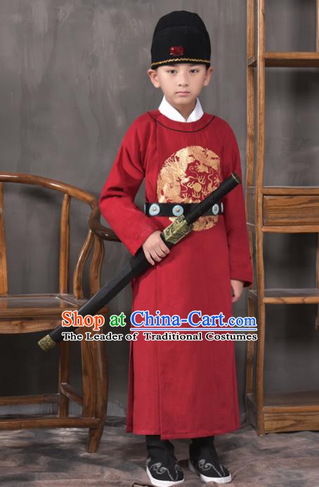 Traditional China Tang Dynasty Imperial Bodyguard Costume, Chinese Ancient Swordsman Red Clothing for Kids