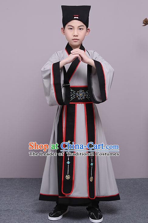 Traditional China Han Dynasty Minister Costume, Chinese Ancient Scholar Hanfu Grey Robe Clothing for Kids