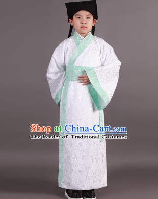 Traditional China Han Dynasty Minister Costume White Robe, Chinese Ancient Scholar Hanfu Clothing for Kids