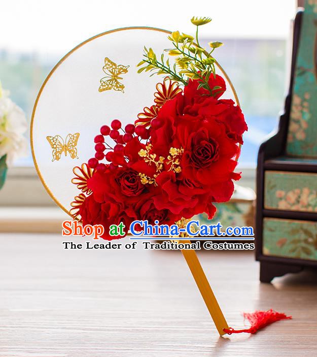 Chinese Handmade Classical Red Peony Butterfly Palace Fans Ancient Wedding Round Fans for Women