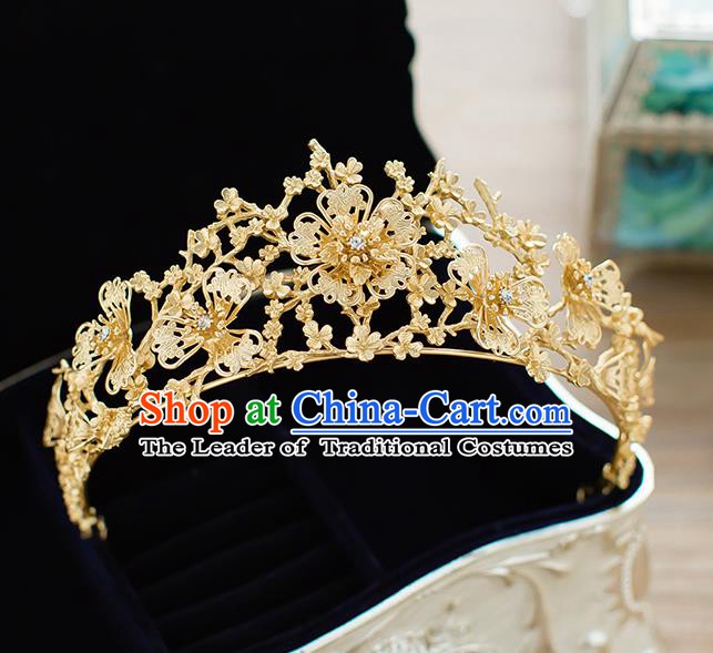 Handmade Classical Hair Accessories Baroque Bride Golden Flowers Royal Crown Headwear for Women