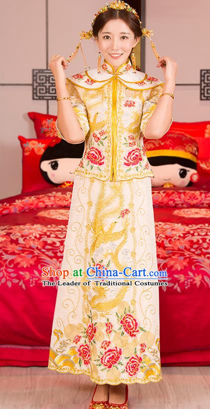Traditional Ancient Chinese Wedding Costume, China Style Xiuhe Suits Bride Toast Golden Embroidered Clothing for Women