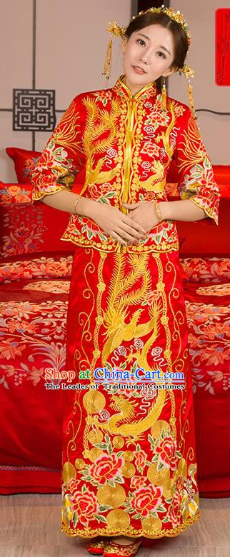 Traditional Ancient Chinese Wedding Costume, China Style Xiuhe Suits Bride Toast Red Embroidered Clothing for Women
