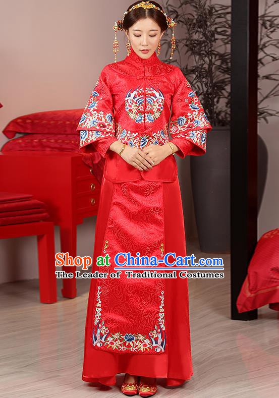 Traditional Ancient Chinese Wedding Costume, China Style Xiuhe Suits Bride Toast Cheongsam Embroidered Clothing for Women