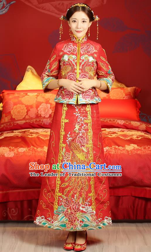 Traditional Ancient Chinese Wedding Costume, China Xiuhe Suits Bride Slim Embroidered Toast Cheongsam Clothing for Women