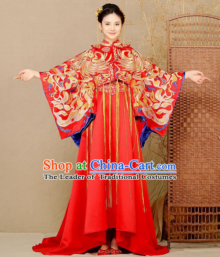 Traditional Chinese Wedding Costume Ancient Bride Embroidered Phoenix Xiuhe Suits Trailing Dress for Women