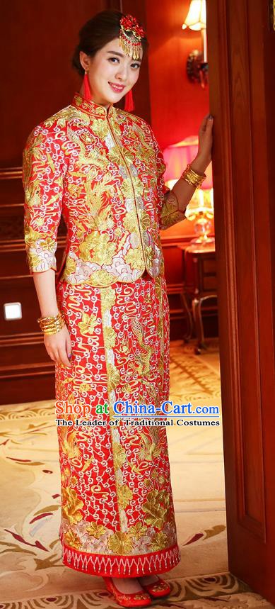 Traditional Chinese Wedding Costume Ancient Bride Toast Cheongsam Embroidered Xiuhe Suits for Women