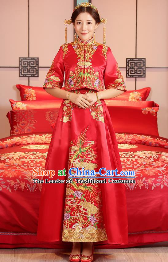 Traditional Chinese Wedding Costume Ancient Bride Embroidered Toast Cheongsam Xiuhe Suits for Women