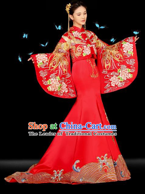 Traditional Ancient Chinese Wedding Costume Bride Embroidered Trailing Cheongsam Xiuhe Suits for Women