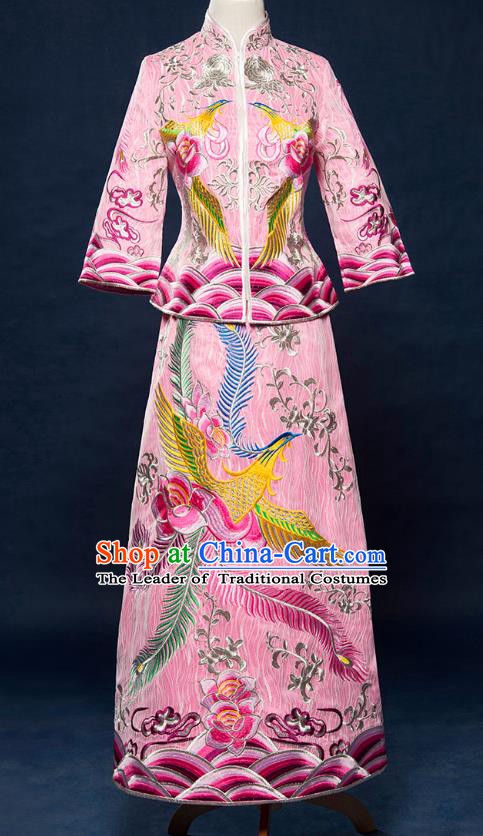 Traditional Ancient Chinese Wedding Costume Bride Embroidered Pink Cheongsam Xiuhe Suits for Women
