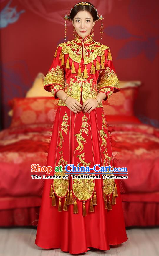 Traditional Chinese Wedding Costume Ancient Bride Embroidered Red Xiuhe Suits Dress for Women