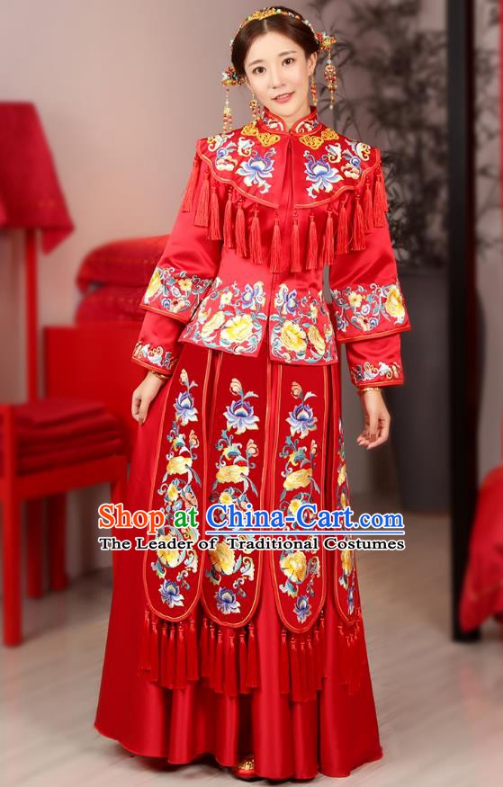 Traditional Chinese Wedding Costume Ancient Bride Embroidered Peony Red Xiuhe Suits Dress for Women