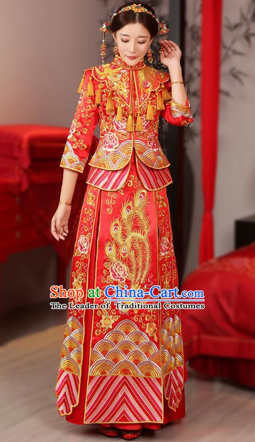 Traditional Chinese Wedding Costume Ancient Bride Embroidered Phoenix Peony Red Xiuhe Suits Dress for Women
