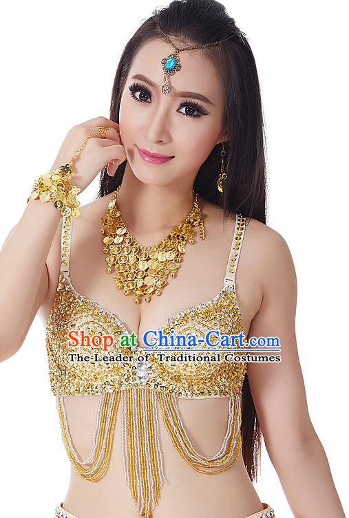 Indian Bollywood Belly Dance Golden Tassel Brassiere Asian India Oriental Dance Costume for Women
