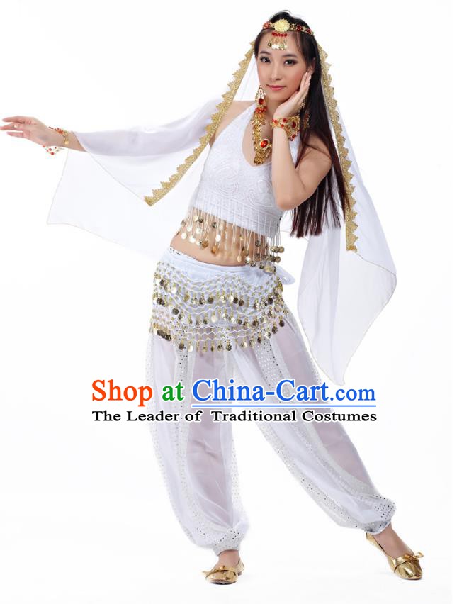 Traditional Indian Belly Dance Sequined White Dress Asian India Oriental Dance Costume for Women