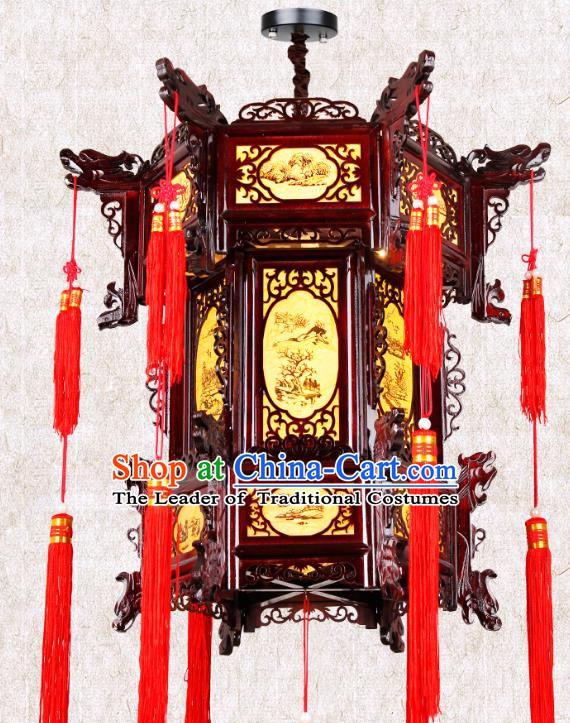 Chinese Classical Handmade Wood Palace Lanterns Traditional Hanging Lantern Ancient Painted Pineburst Ceiling Lamp