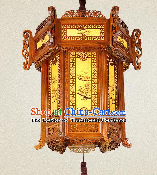 Traditional Chinese Painted Palace Lanterns Wood Carving Hanging Lantern Ancient Ceiling Lamp