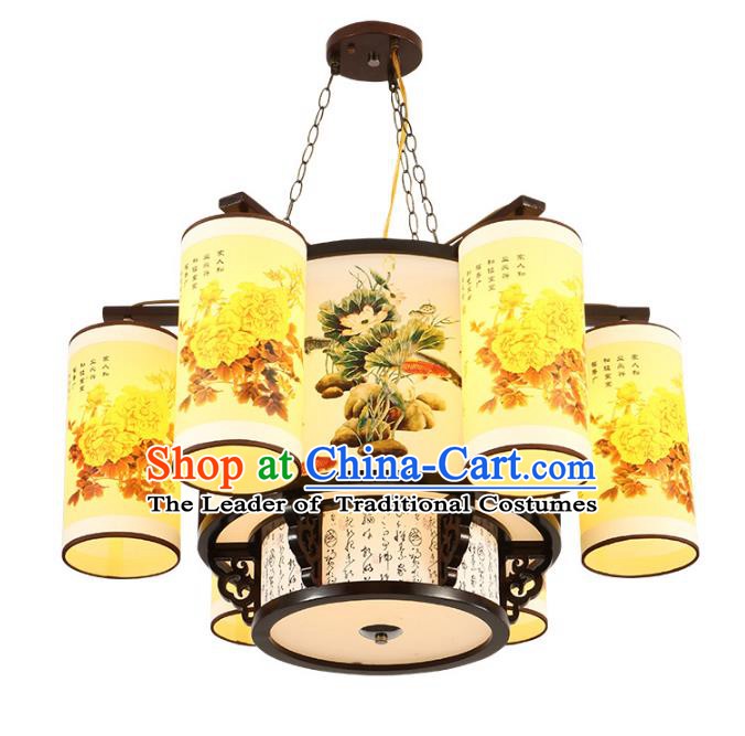 Traditional Chinese Printing Peony Six-lights Ceiling Palace Lanterns Handmade Wood Lantern Ancient Lamp