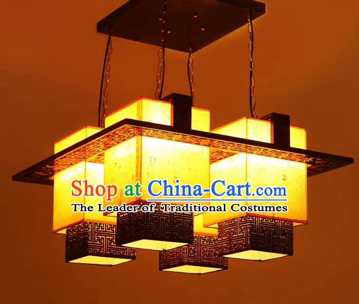 Traditional Chinese Four-Lights Hanging Palace Lanterns Handmade Wood Lantern Ancient Ceiling Lamp