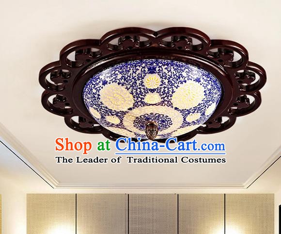 Traditional Chinese Ceiling Palace Lanterns Handmade Pierced Blue Porcelain Lantern Ancient Lamp