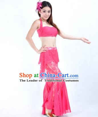 Indian National Belly Dance Rosy Lace Suits Bollywood Oriental Dance Costume for Women