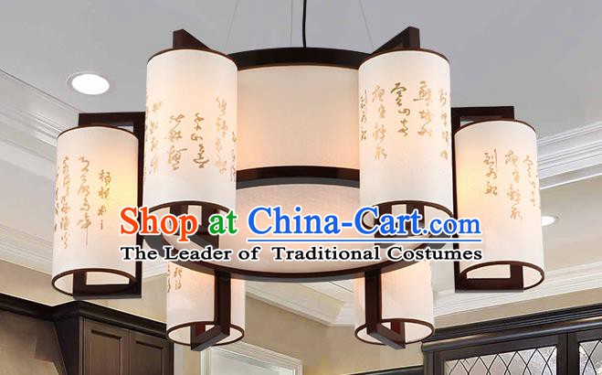Traditional Chinese Painting Six-Lights Ceiling Palace Lanterns Handmade Wood Hanging Lantern Ancient Lamp