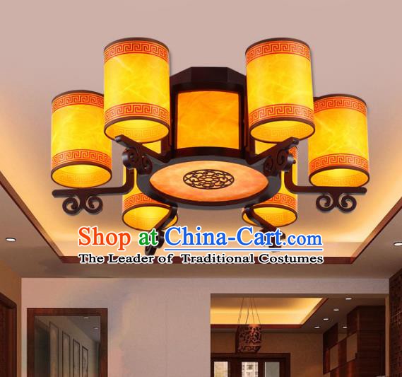 Traditional Chinese Ceiling Palace Lanterns Handmade Six-Lights Wood Hanging Lantern Ancient Lamp