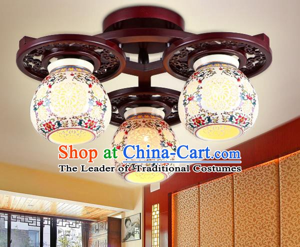 Traditional Chinese Three-Lights Ceiling Palace Lanterns Handmade Porcelain Lantern Ancient Lamp
