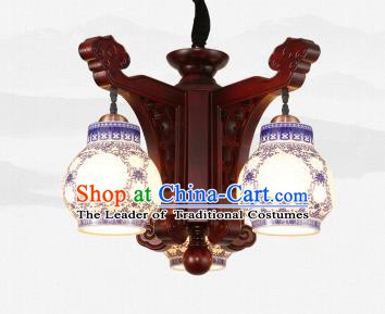 Traditional Chinese Three-Lights Ceiling Wood Palace Lanterns Handmade Porcelain Lantern Ancient Lamp