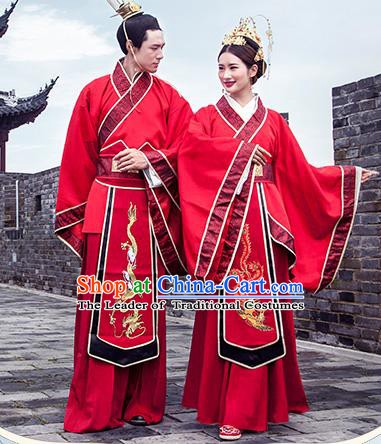 Chinese Ancient Han Dynasty Bride and Bridegroom Embroidered Costumes for Women for Men