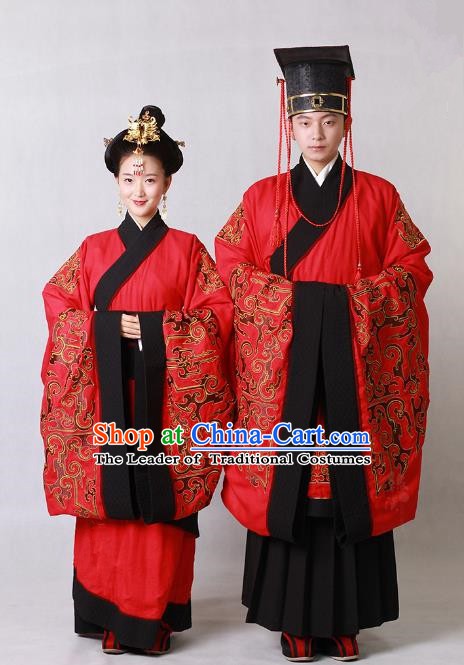 Chinese Ancient Zhou Dynasty Emperor and Empress Embroidered Wedding Clothing for Women for Men