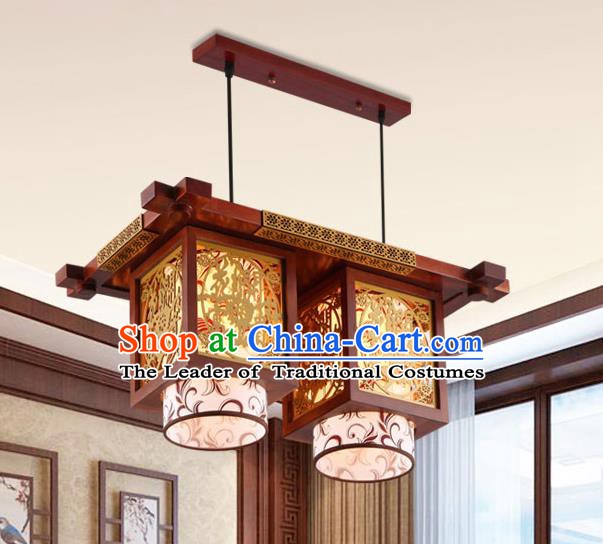Traditional Chinese Wood Carving Ceiling Lanterns Handmade Two-Lights Hanging Lantern Ancient Lamp