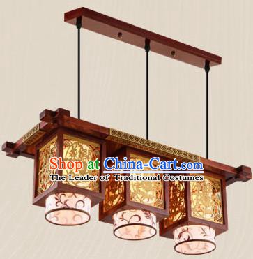 Traditional Chinese Wood Carving Ceiling Lanterns Handmade Three-Lights Hanging Lantern Ancient Lamp