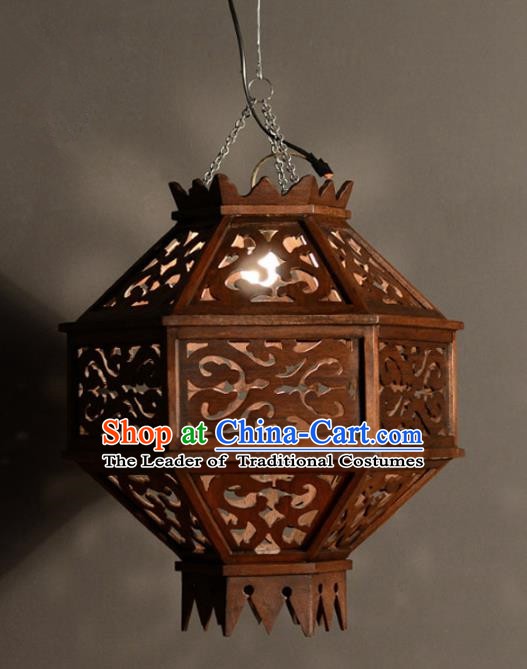 Handmade Traditional Thailand Wood Carving Hanging Lantern Asian Ceiling Lanterns Religion Lantern