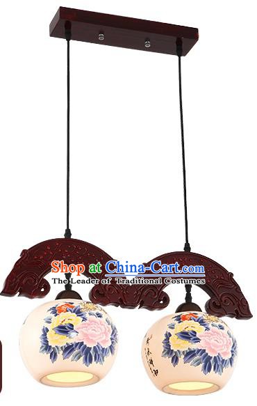 Traditional Chinese Handmade Two-Lights Hanging Lantern Wood Painting Peony Lantern Ancient Palace Ceiling Lanterns