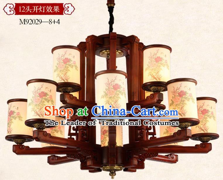 Traditional Chinese Handmade Painting Peony Wood Lantern Twelve-Lights Palace Lantern Ancient Ceiling Lanterns