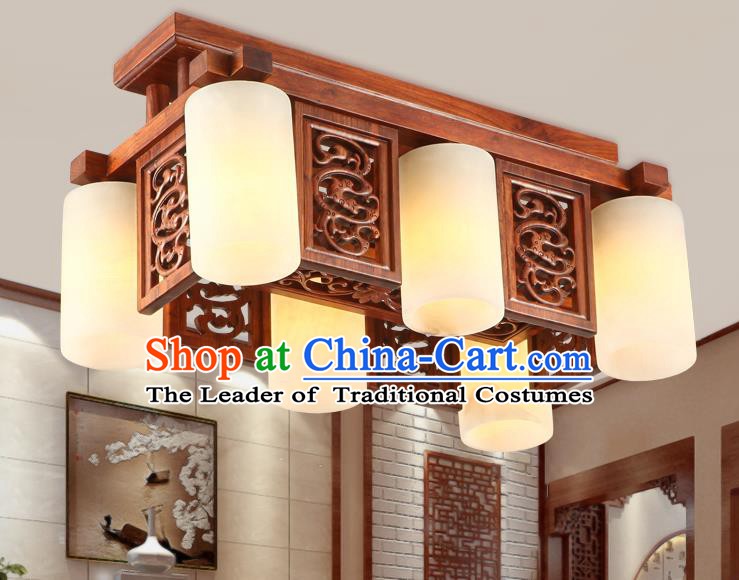 Traditional Chinese Handmade Marble Ceiling Lantern Wood Carving Six-Lights Palace Lanterns Ancient Lamp
