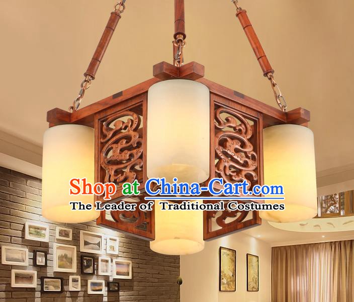 Traditional Chinese Handmade Marble Ceiling Lantern Wood Carving Four-Lights Palace Lanterns Ancient Lamp