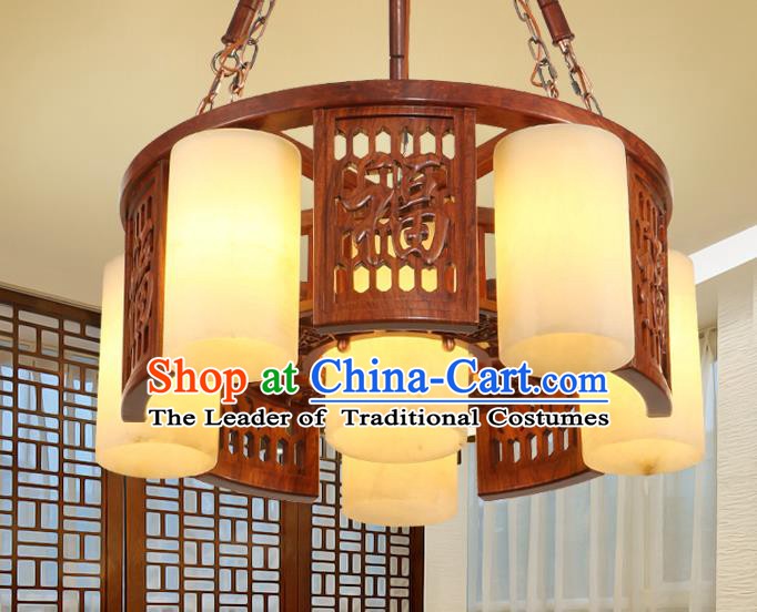 Traditional Chinese Handmade Marble Ceiling Lantern Wood Carving Six-Pieces Palace Lanterns Ancient Lamp