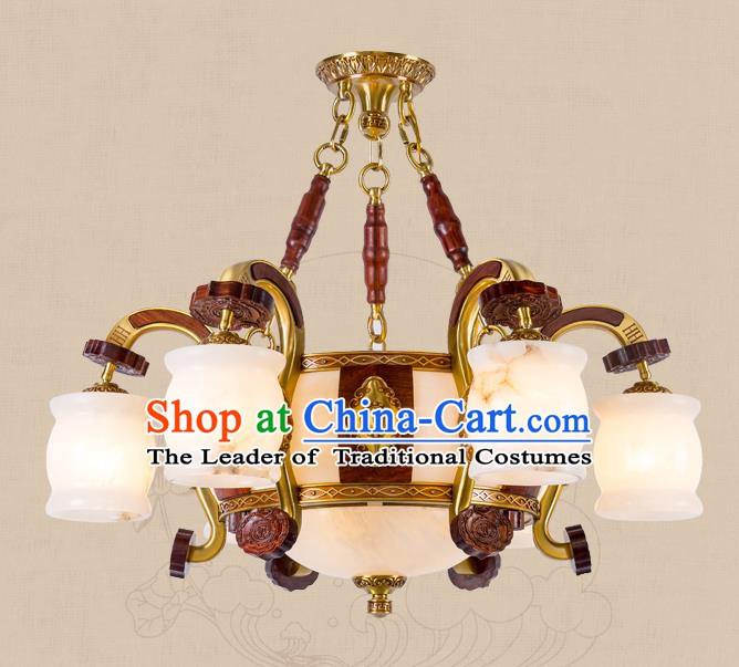 Traditional Chinese Handmade Marble Ceiling Lantern Brass Six-Pieces Palace Lanterns Ancient Lamp