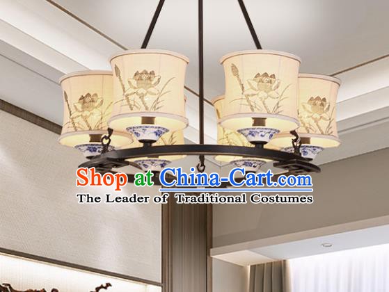 China Handmade Six-Lights Ceiling Lanterns Traditional Chinese Painting Lotus Palace Lantern Ancient Lanterns