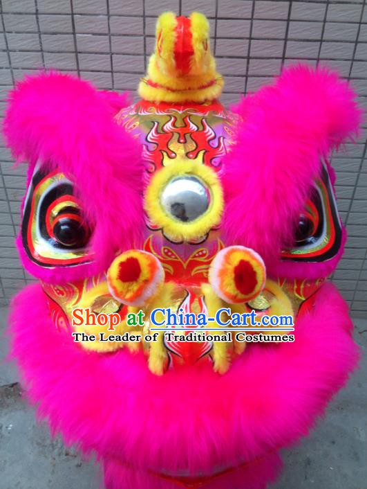 Chinese Traditional Professional Lion Dance Costumes Celebration and Parade Pink Wool Lion Head Complete Set