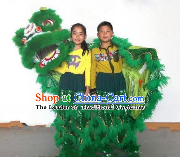 Chinese Traditional Children Lion Dance Costumes Professional Celebration Parade Green Wool Lion Head Complete Set