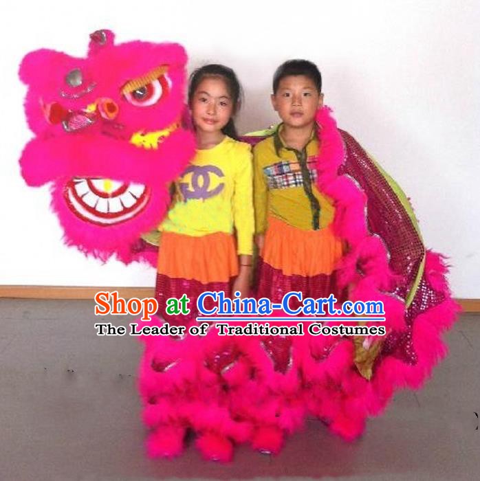 Chinese Traditional Children Lion Dance Costumes Professional Celebration Parade Pink Wool Lion Head Complete Set