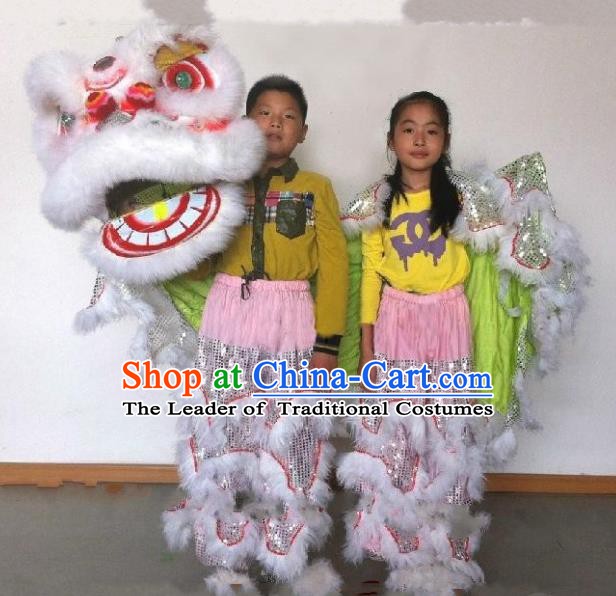 Chinese Traditional Children Lion Dance Costumes Professional Celebration Parade White Wool Lion Head Complete Set