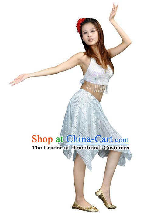 Traditional Indian Belly Dance White Sequin Clothing India Oriental Dance Costume for Women