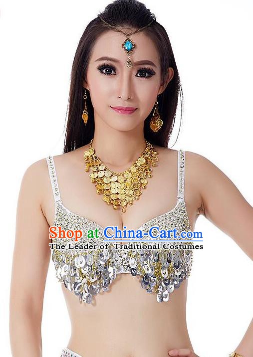 Indian Bollywood Belly Dance Argentate Sequin Brassiere Asian India Oriental Dance Costume for Women